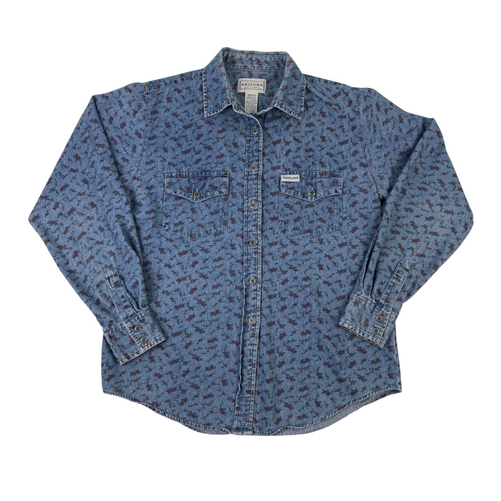 Vintage Arizona Jean Denim Button Shirt Long Sleeve Floral Print Womens Medium
